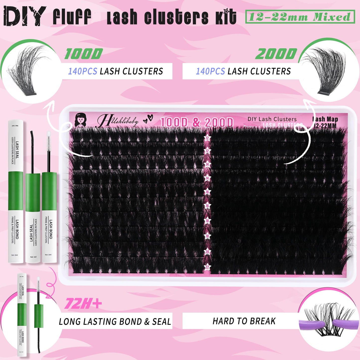 Lash Clusters Kit 100D+200D Mega Lashes Clusters 12-22mm Wispy Individual Thick Volume Eyelash Extensions 280Pcs with Bond and Seal Waterproof DIY Beauty and Personal Care Hushlibaby