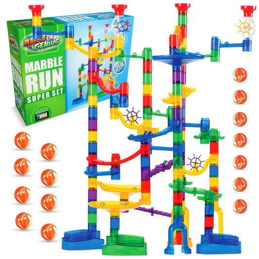 Marble Genius Marble Run 150pcs – Maze Track Building Toy with 65 Glass Marbles & 85 Translucent Pieces for Kids Ages 4-8, Teens & Adults