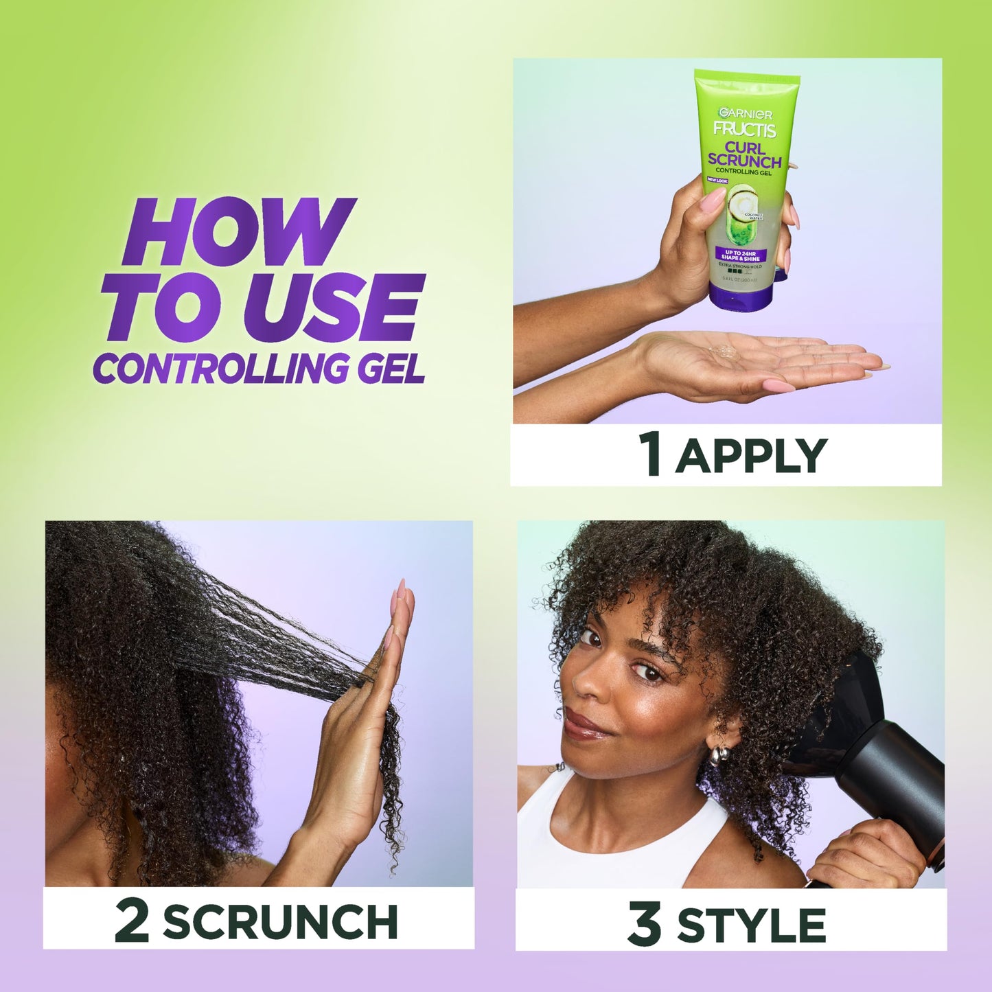 Garnier Fructis Style Curl Scrunch Controlling Gel for Shape & Shine, 6.8 Fl Oz, 3 Count (Packaging May Vary)