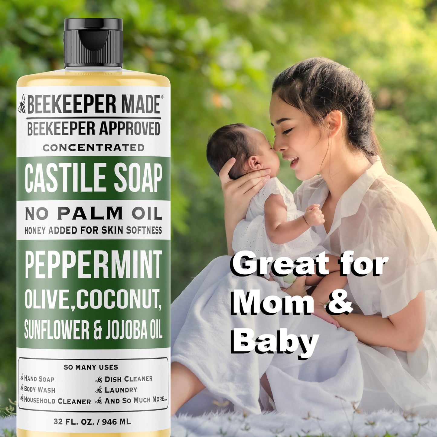 Beessential Beekeeper Made Natural Castile Soap, 32 fl oz | No Palm Oil, 8 Ingredients, Pure Olive, Coconut, & Sunflower Oils, GMO Free, For Sensitive