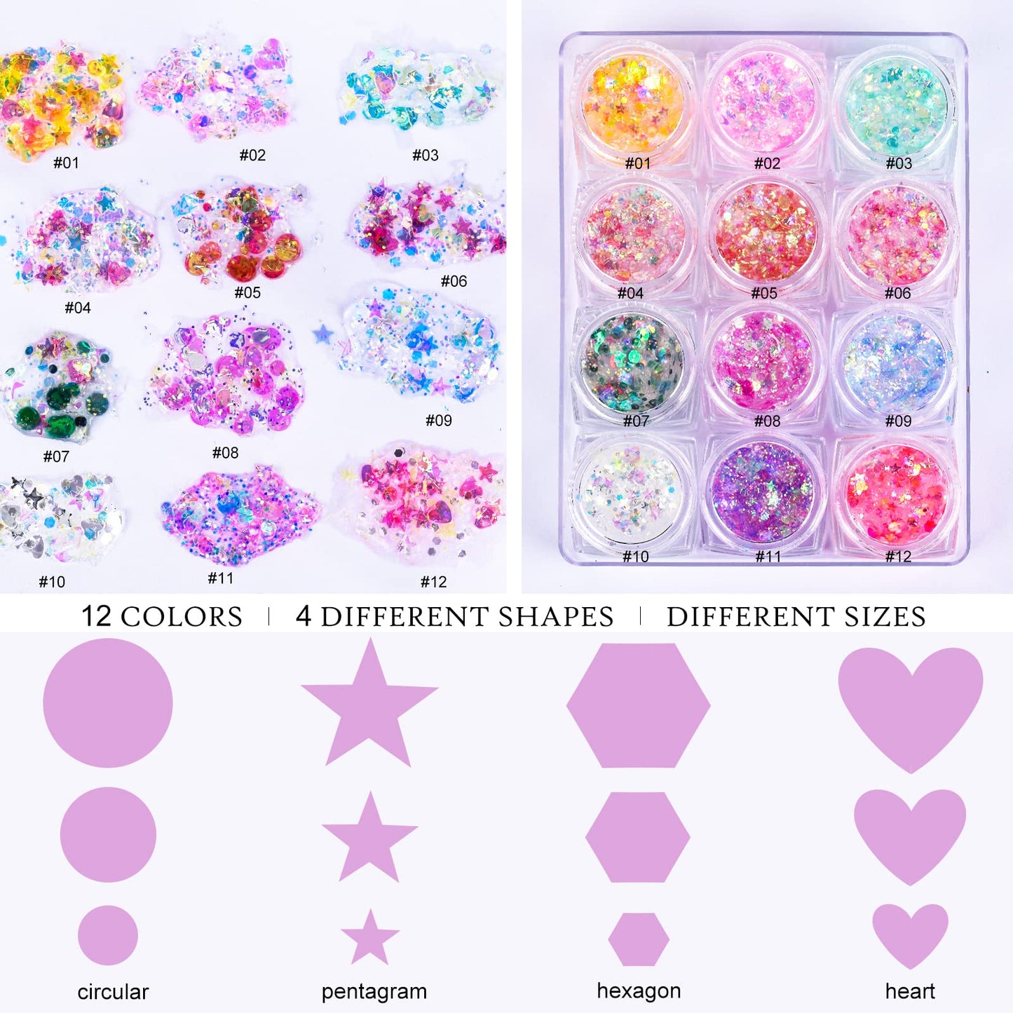 Ownest 12 Colors Holographic Chunky Glitter Gel Set, Christmas Party Makeup Face Body Eye Lips Hair Nail Cosmetic Festival Chunky Glitter Eyeshadow