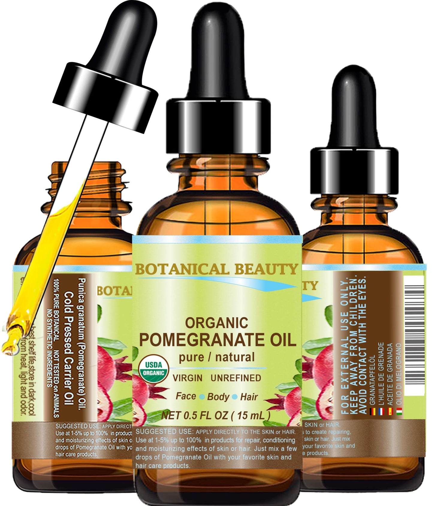 Botanical Beauty Organic POMEGRANATE OIL 100% Pure Natural Virgin Unrefined Cold-Pressed Carrier Oil 0.5 Fl oz 15 ml for Face, Skin, Body, Hair, Lip