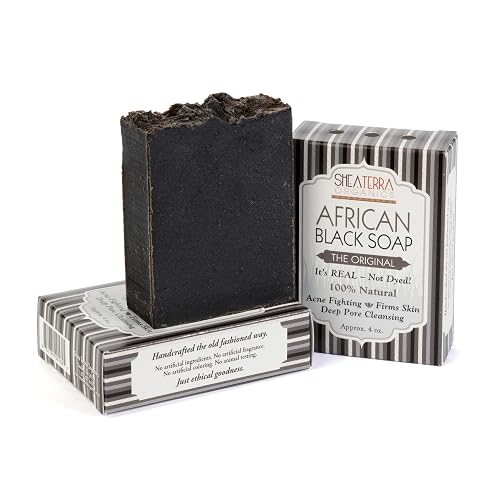 Shea Terra Organics Authentic African Black Soap Bar| Non Toxic All Natural Black Soap Full Body Wash that Cleanse, Refine, Firm Skin, Remove Acne