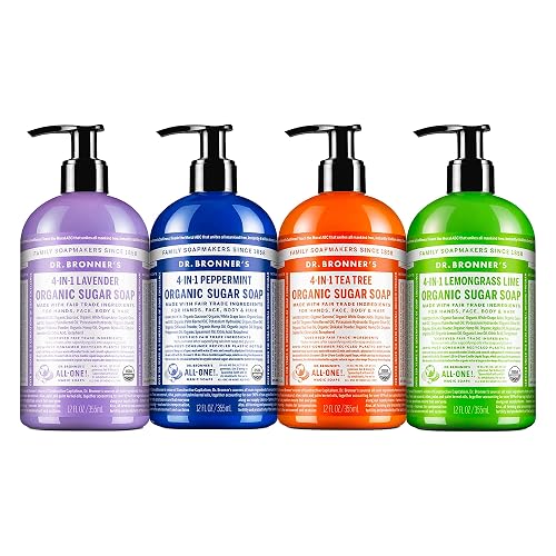 Dr. Bronner's - Organic Sugar Soap (12 oz Variety Pack) Lavender, Peppermint, Tea Tree, & Lemongrass - Made with Organic Oils, Sugar & Shikakai