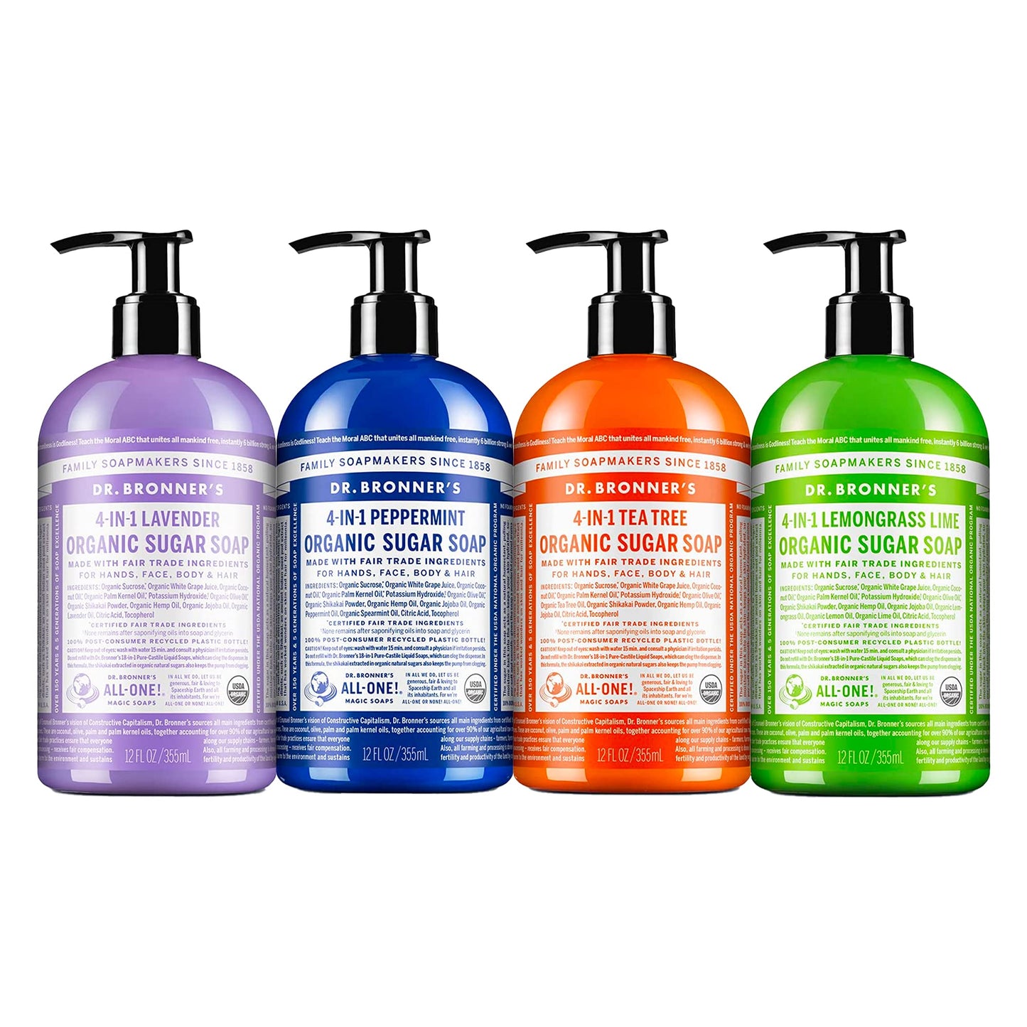 Dr. Bronner's - Organic Sugar Soap (12 oz Variety Pack) Lavender, Peppermint, Tea Tree, & Lemongrass - Made with Organic Oils, Sugar & Shikakai