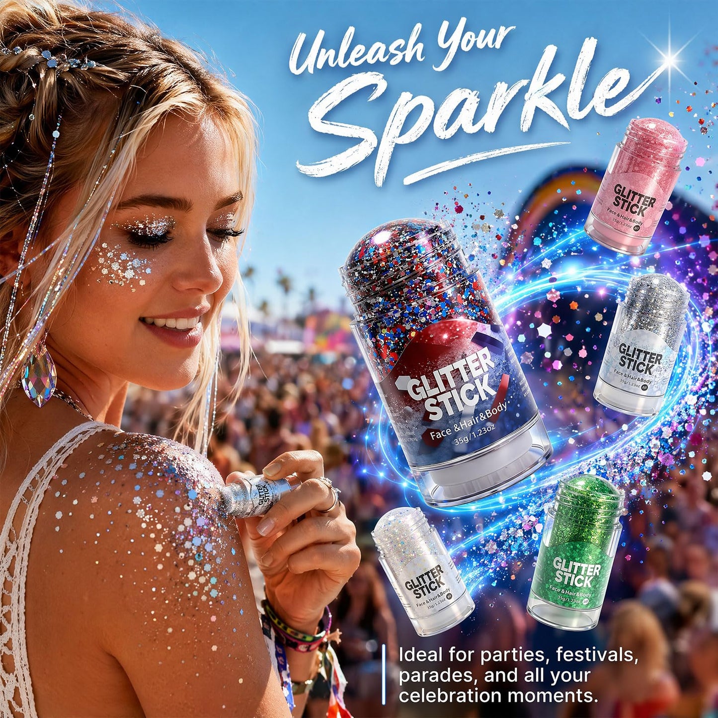 4th of July Glitter Stick, 2026 Red White and Blue Glitter Stick for Hair & Body, Fourth of July Glitter Sticks for Independence Day Parties
