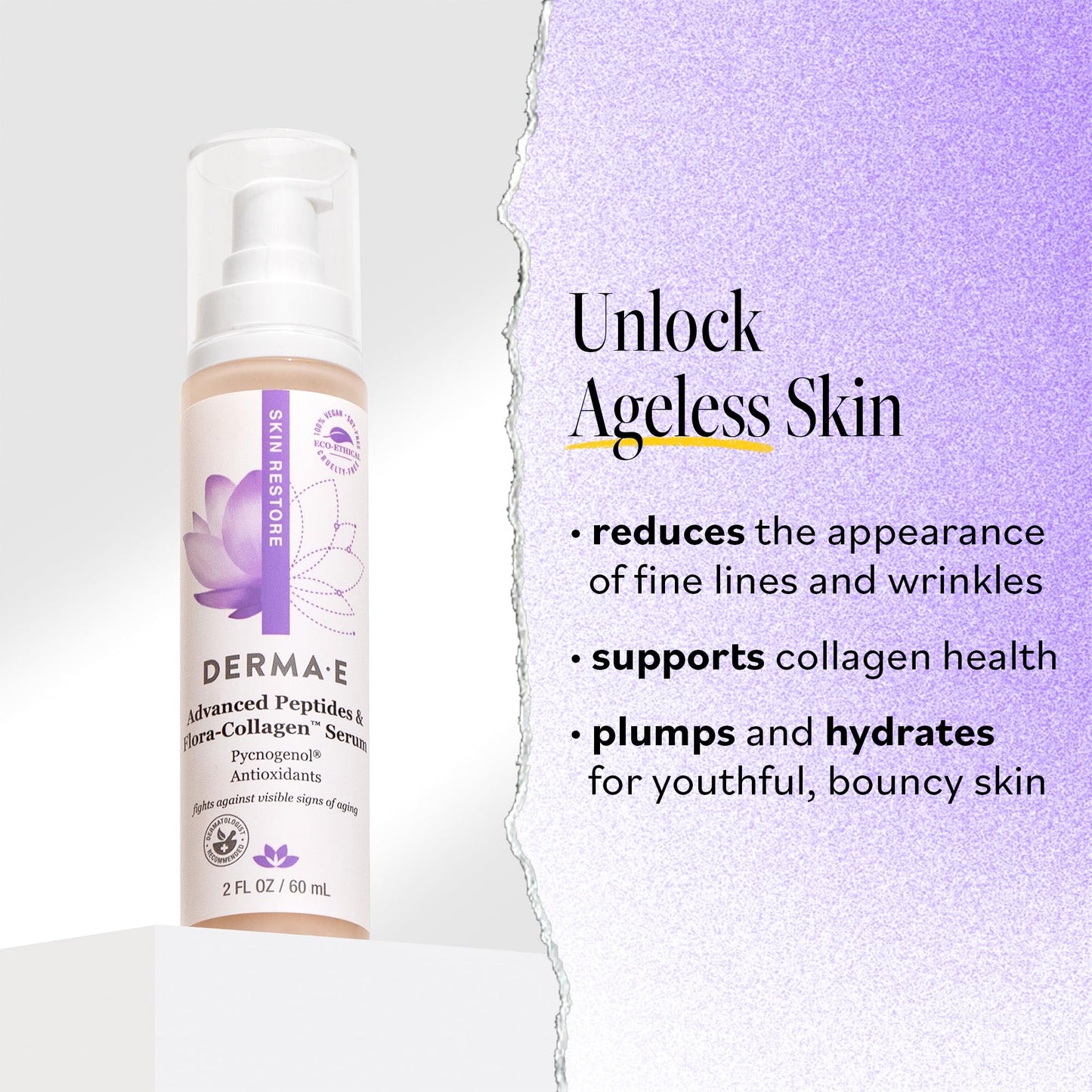 DERMA E Advanced Peptides and Vegan Flora-Collagen Serum - Double Action Collagen Face Cream with Peptide Complex - Intensely Hydrating Serum