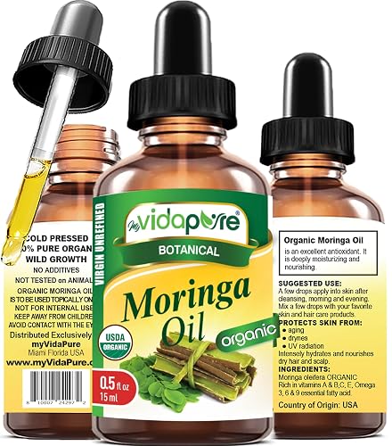 MYVIDAPURE Organic MORINGA OIL Moringa Oleifera Certified Organic 100% Natural Pure Virgin Unrefined for Face, Skin, Body, Hair, Lip, Nails