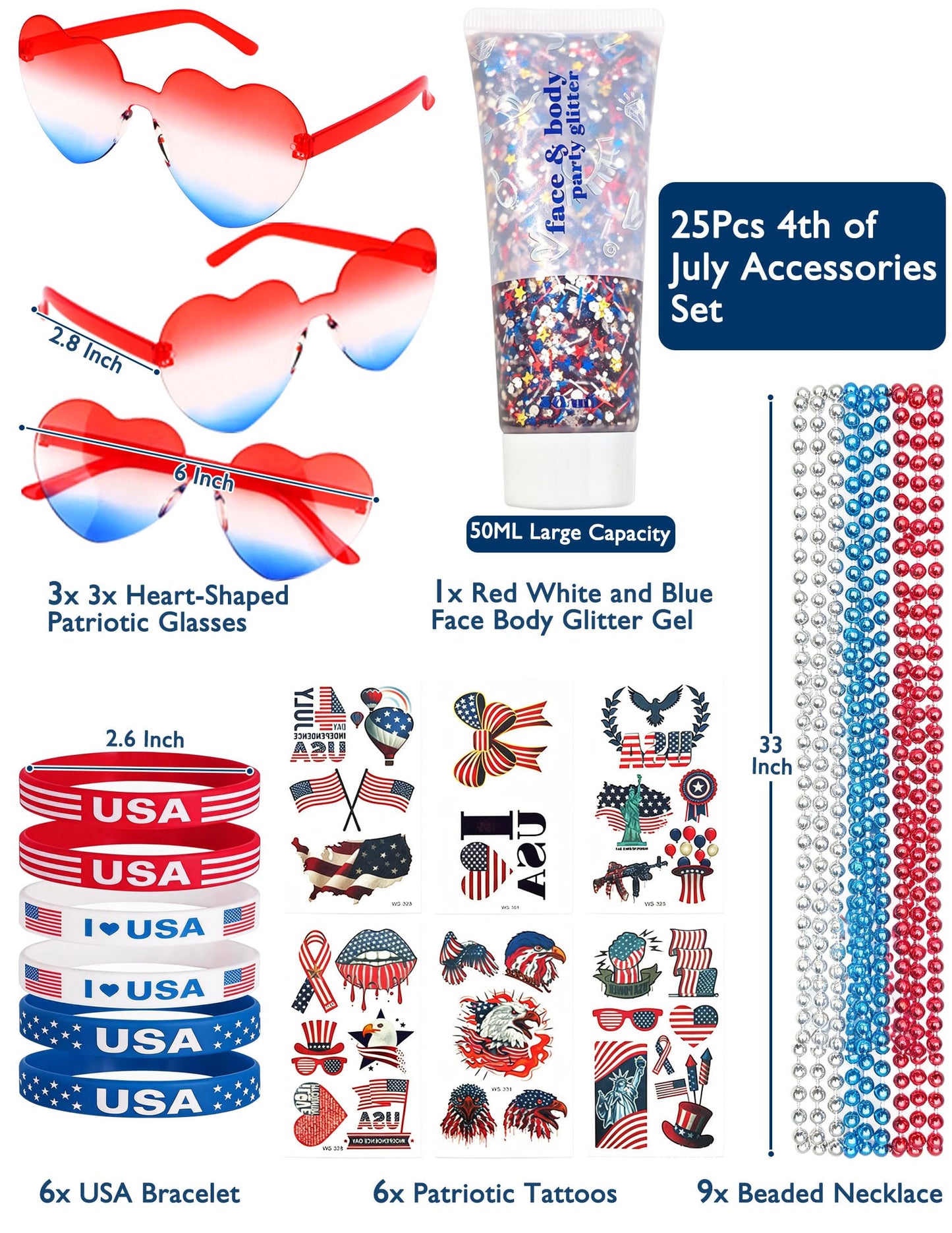 4th of July Accessories Set, 25Pcs Patriotic Outfit Kit with Star Glasses, Beaded Necklaces, Bracelets, Red White Blue Face Glitter Gel, Temporary