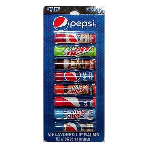 Taste Beauty (1) Party Pack Pepsi - 8pc Soda Flavored Lip Balm Sticks - Flavors: Cherry Vanilla, Mountain Dew, Mug Root Beer, Wild Cherry, Livewire
