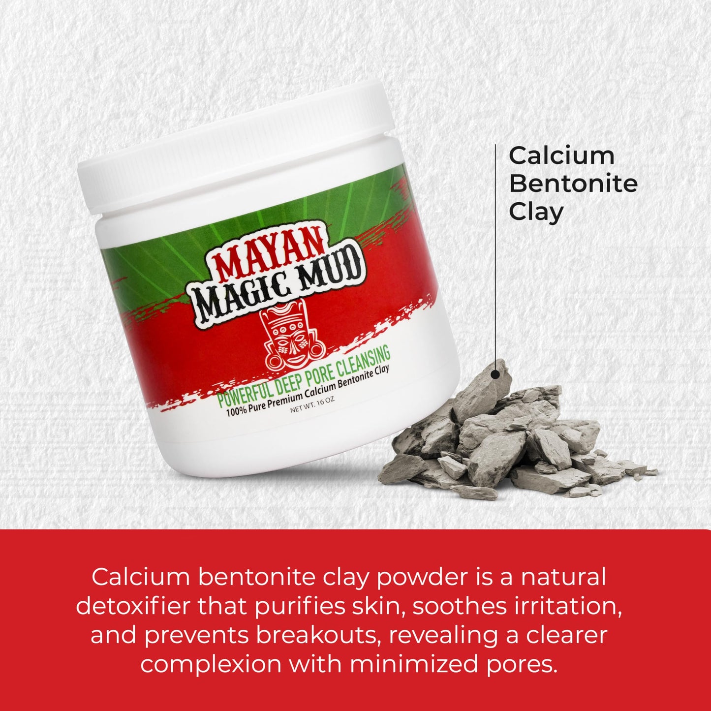 Mayan Magic Mud Powerful Deep Pore Cleansing Calcium Bentonite Clay - 1 lb - Natural Face Mask Peel for Men and Women - USA Made Full Facial Skin Care