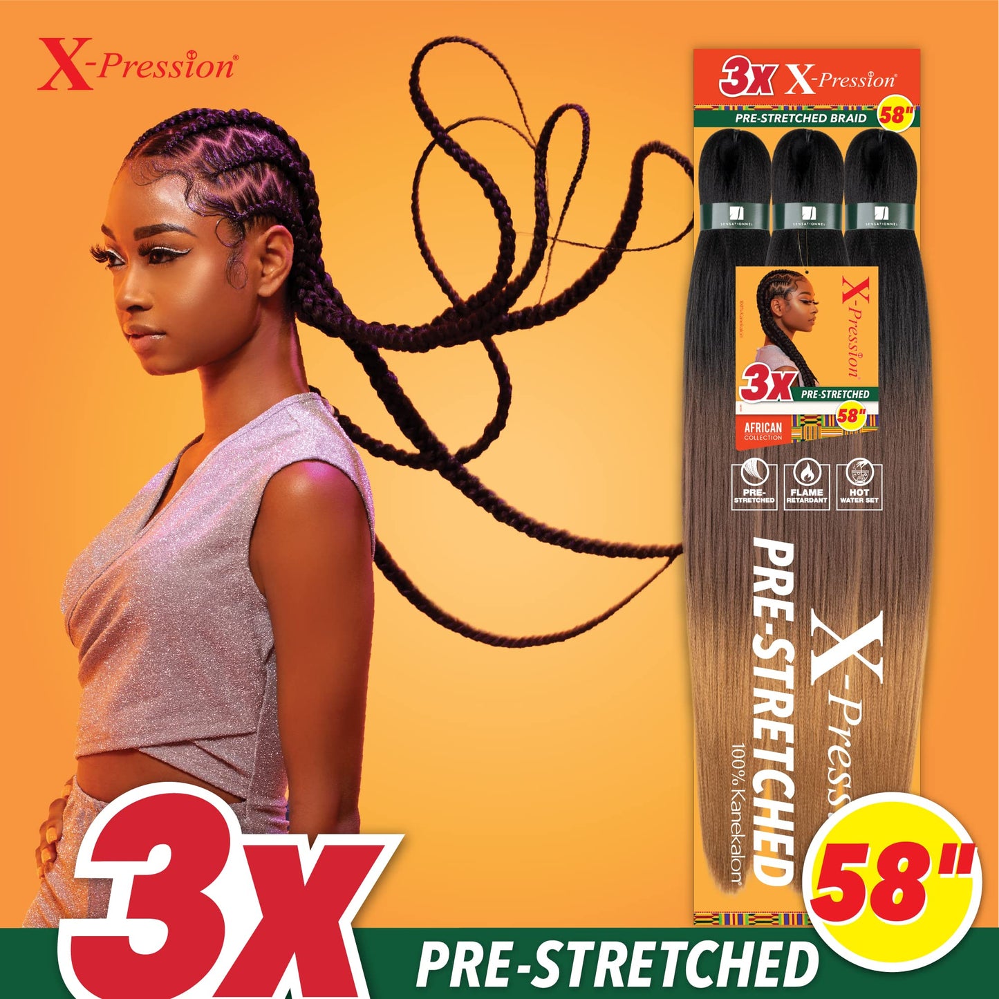 Sensationnel X-pression prestretched braiding hair - 3x braid 58 inch all kanekalon flame retardant synthetic braid for box braids and twists (1 pack Beauty and Personal Care Sensationnel