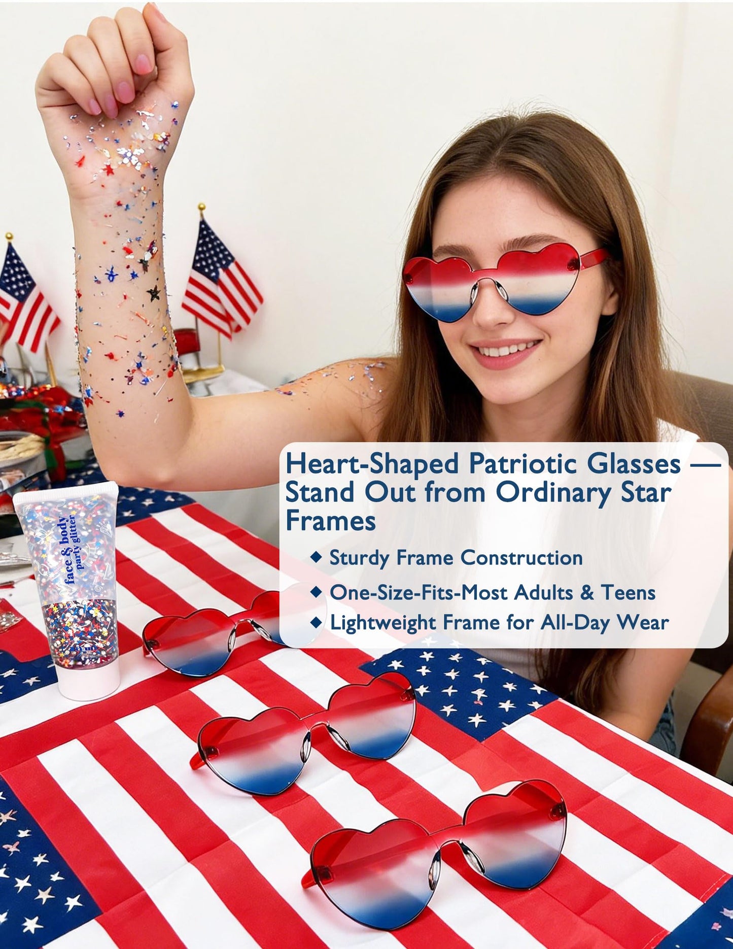 4th of July Accessories Set, 25Pcs Patriotic Outfit Kit with Star Glasses, Beaded Necklaces, Bracelets, Red White Blue Face Glitter Gel, Temporary
