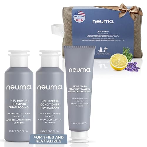 Neuma Neu Repair Shampoo & Conditioner Gift Set 8.5 FL Oz With Hair Repair Treatment Masque 5.1 FL Oz | Restores & Strengthens Damaged Hair | Lemon