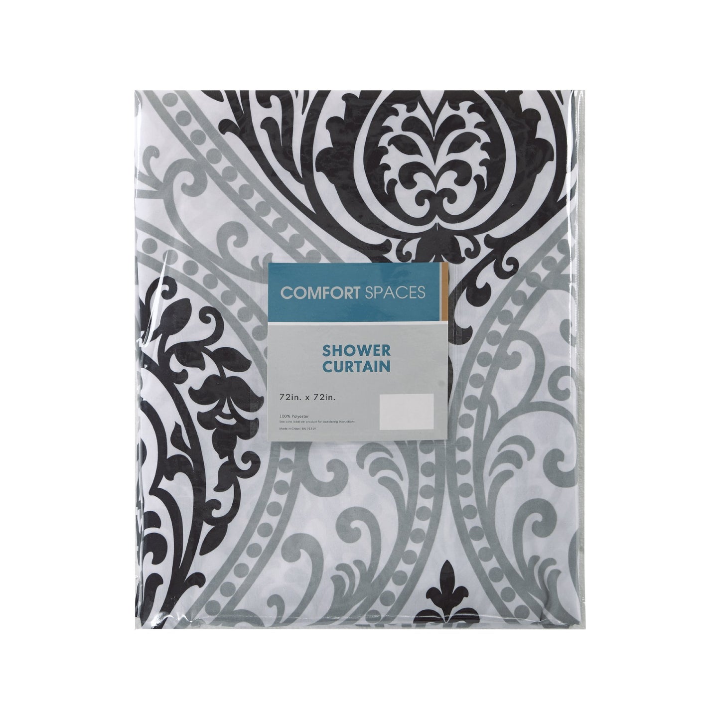 Comfort Spaces Coco Bathroom Shower Curtain Printed Damask Pattern Modern Cute Microfiber Fabric Bath Curtains, 72"x72", Black (CS70-0682)