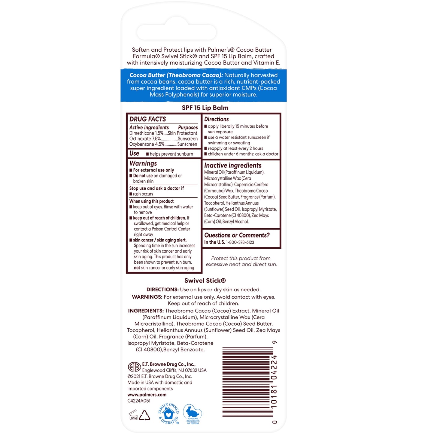 Palmer's Cocoa Butter Formula Duo Pack, Moisturizing Swivel Stick and Lip Balm with Vitamin E, All Day Moisturization, For use on Lips, Dry Patches