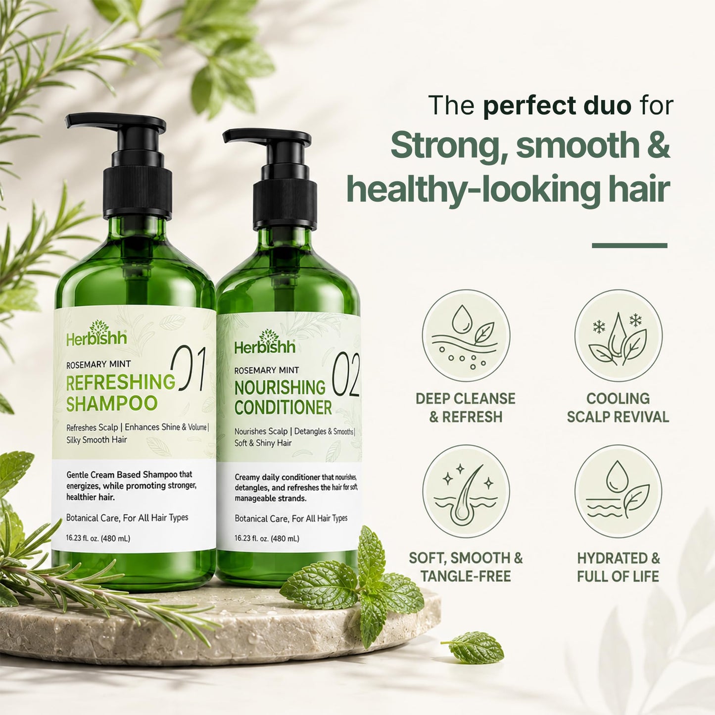 Herbishh Rosemary Mint Shampoo & Conditioner Set (16.23 fl. oz Each), Clarifying Shampoo for Oily Hair, Helps Remove Oil & Residue, Nourish Smooth