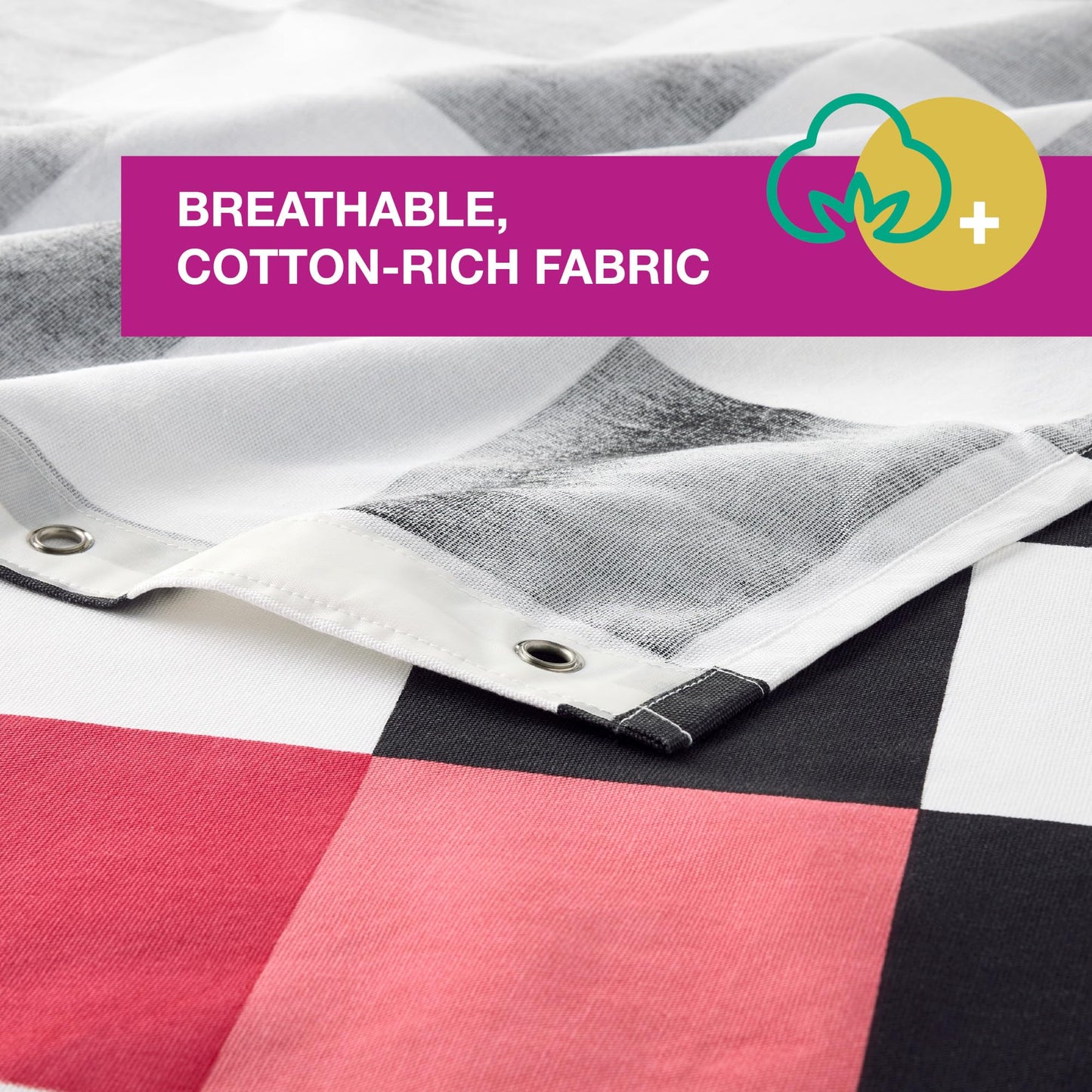 TOWN & COUNTRY PLAY Betty Bold Checkerboard Cotton-Rich Breathable Fabric Shower Curtain with Anti-Rust Grommets, Black/White/Blue, 70"x72"