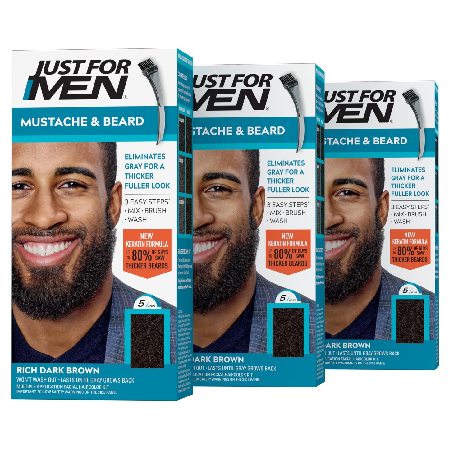 Just For Men Mustache & Beard, Beard Dye for Men with Brush Included, With Keratin Biotin Aloe and Coconut Oil for Healthy Facial Hair - Rich Dark
