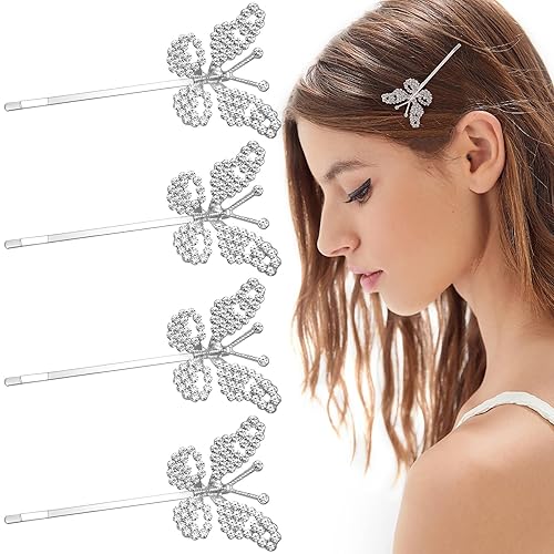 HINZIC 4 Pack Non-Slip Butterfly Hair Clips, Glittering Rhinestone Headwear Styling Bobby Pins, Sparkling Diamond Hairgrip Barrettes Accessories
