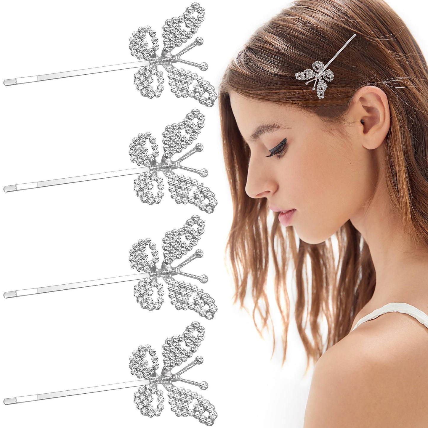 HINZIC 4 Pack Non-Slip Butterfly Hair Clips, Glittering Rhinestone Headwear Styling Bobby Pins, Sparkling Diamond Hairgrip Barrettes Accessories
