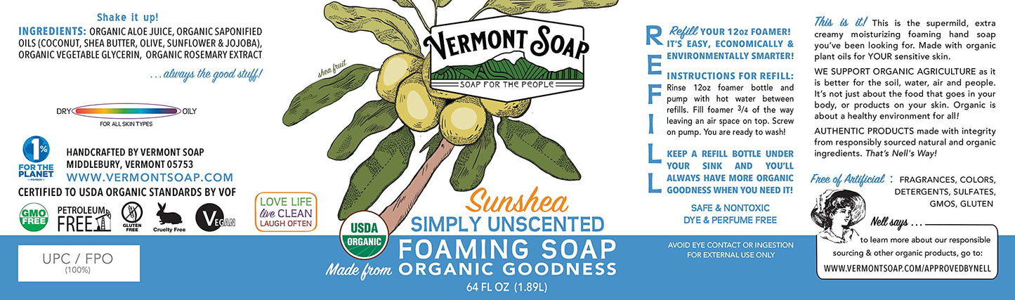 VERMONT SOAP Organic Unscented Foaming Hand Soap - Natural Moisturizing Soap for Dry Skin - Fragrance Free Liquid Bathroom Hand Soap - Simply