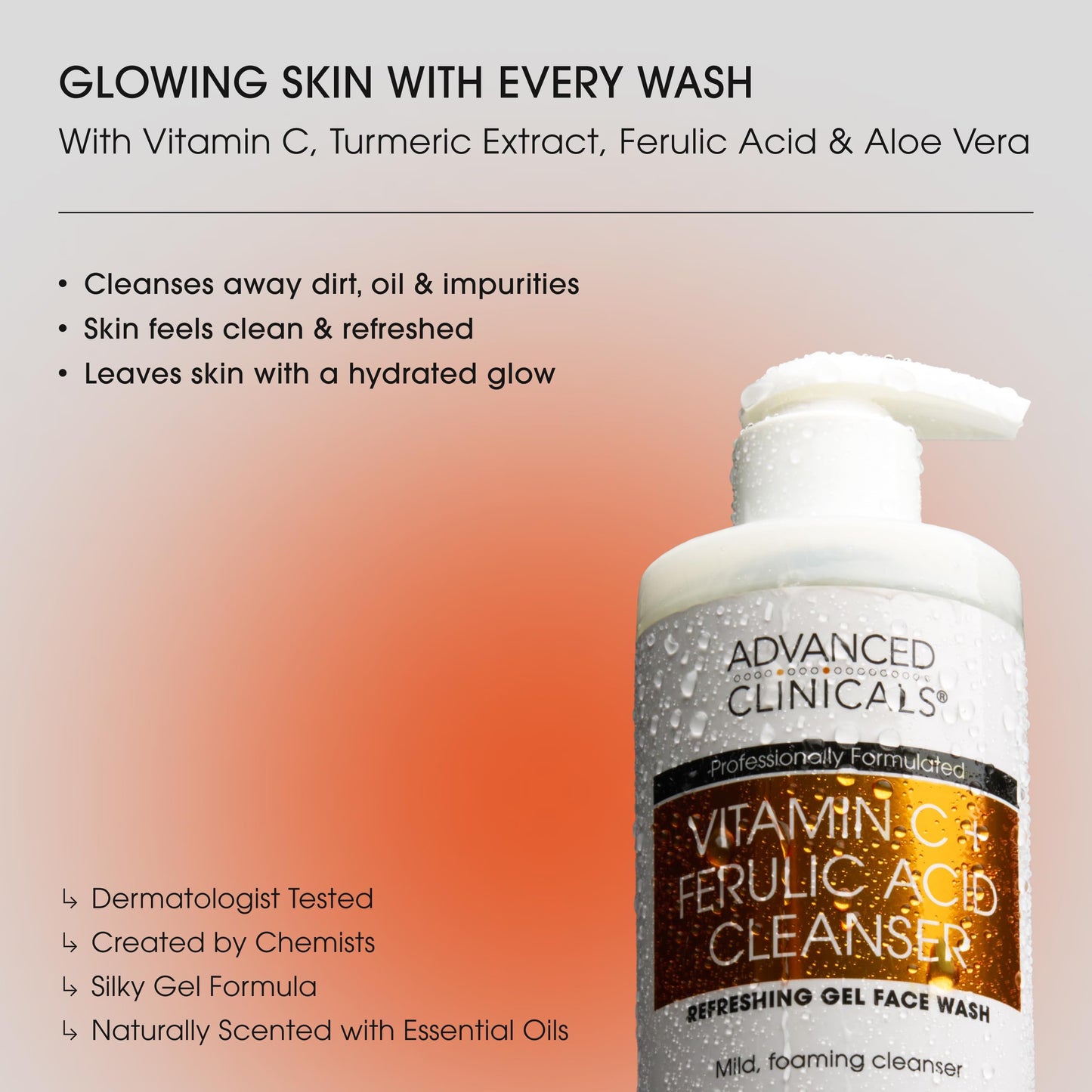 Advanced Clinicals Gentle Vitamin C Face Wash For Women & Men | Citrus Scented Gel Facial Cleanser Soap | Aloe Vera + Ferulic Acid Hydrating Foaming