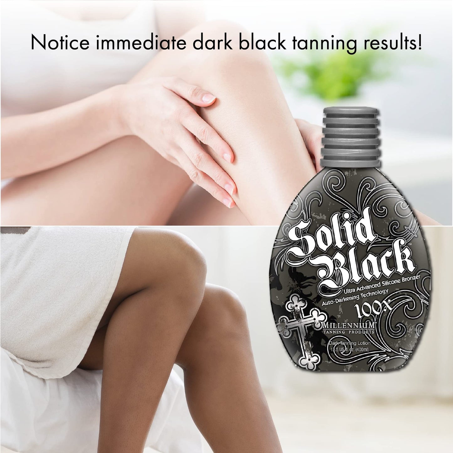 2 PACK Millennium Tanning SOLID BLACK 100X Dark Tanning Lotion Indoor Outdoor Tan Enhancing Silicone Bronzer Tanning Bed Lotion 13.5 Fl oz (400 ml)