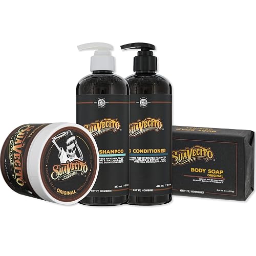 Suavecito Hair & Body Essentials Bundle: Original Hold Hair Styling Pomade, Moisturizing Body Soap, Hydrating Shampoo & Nourishing Conditioner