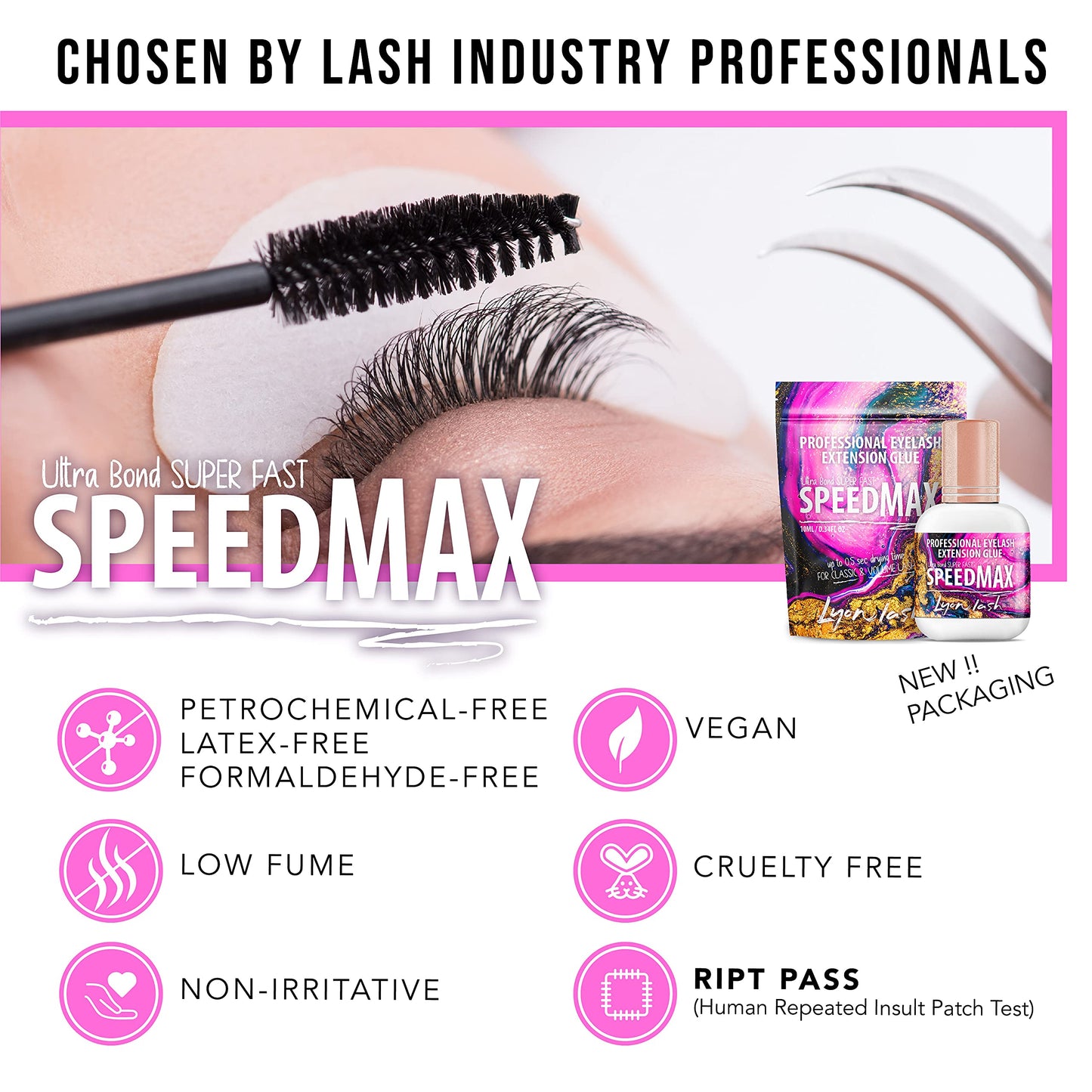 Lyon Lash SPEEDMAX Eyelash Extension Glue, 0.3–1.3s Dry Time, 8 Week Retention, Black Adhesive for Professional Lash Supplies, 10ml/0.34oz