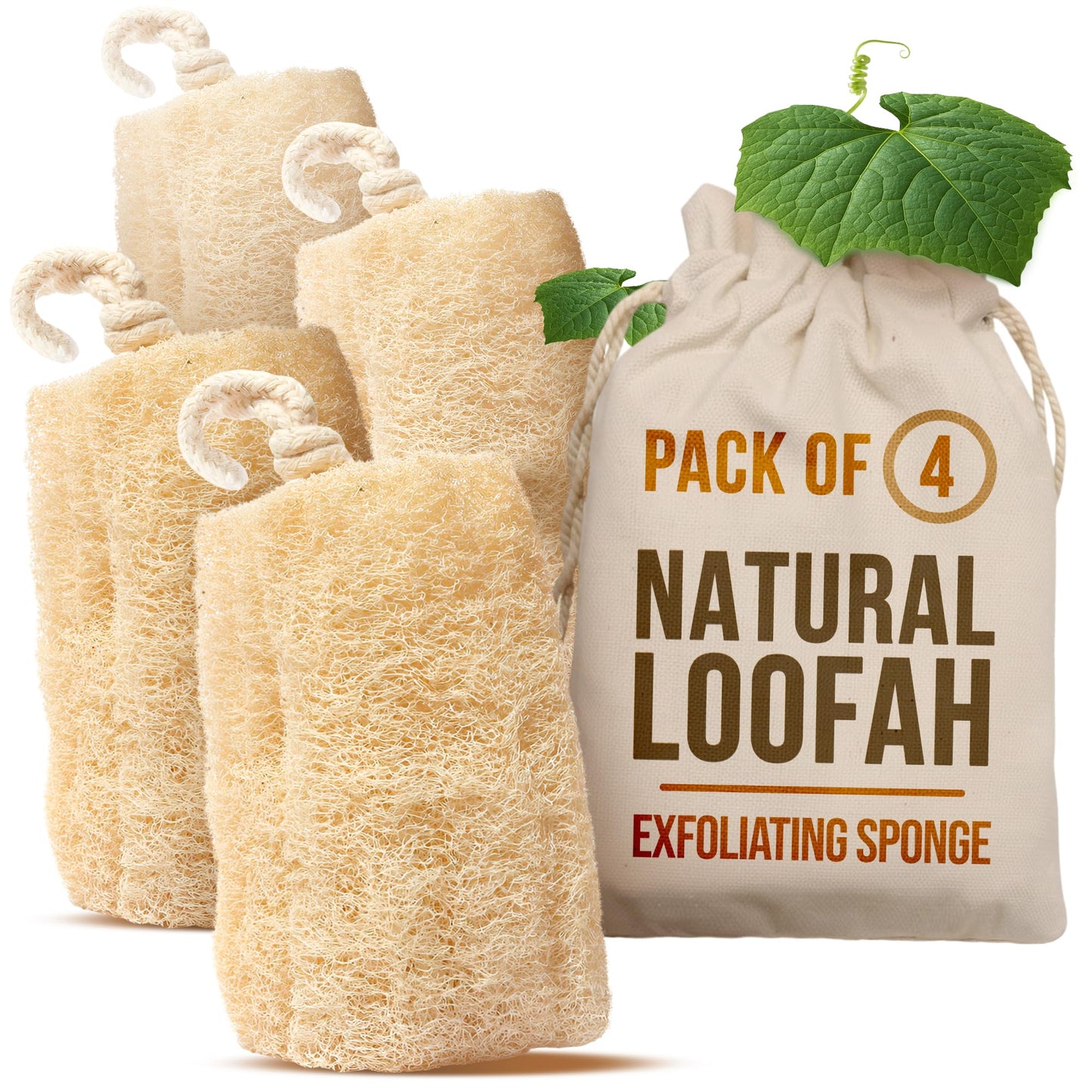 CraftsOfEgypt Natural Loofah Sponge - Egyptian Luffa Body Scrubber Pack of 4 for Men & Women, Natural Bath & Shower Loofah Exfoliator, All Natural