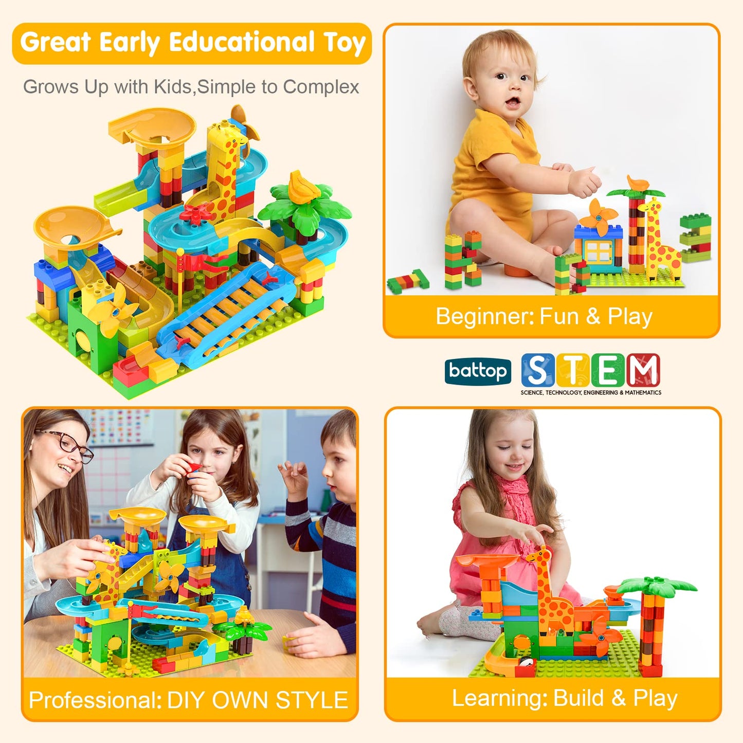 BATTOP Marble Run 167pcs Big Block Set – STEM Race Track Building Toy with 4 Balls for Kids Ages 4-8, Fun Christmas Gift for Boys & Girls