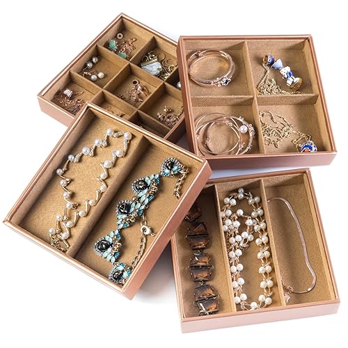 Huji Stackable Jewelry Trays Organizer Storage Rings Earrings Bracelets Watches Necklaces (1, Camel Brown Stack-able Trays)