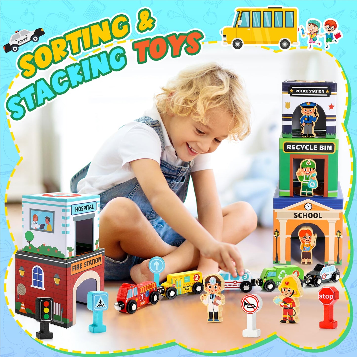 Baby Stacking Toys – Magnetic Wooden Cars & Garage Sorting Set, Montessori Educational Toys for Toddlers & Preschool Kids Birthday Gift