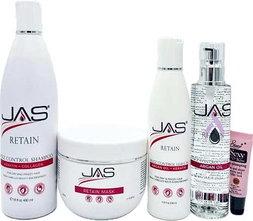 JAS Retain Port Treatment with Keratin + Collagen Shampoo, Mask, Leave in Cream 8 fl oz and Styling Serum with Vitamin E 5 fl oz "Free Starry Sexy