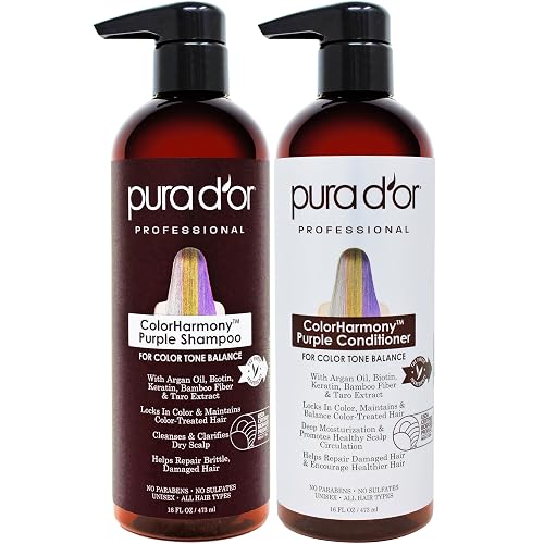 PURA D'OR Purple Shampoo & Conditioner (16oz x 2) ColorHarmony Biotin Set For Bleached, Blonde, Silver & Color Treated Hair - Keratin, Bamboo Fiber