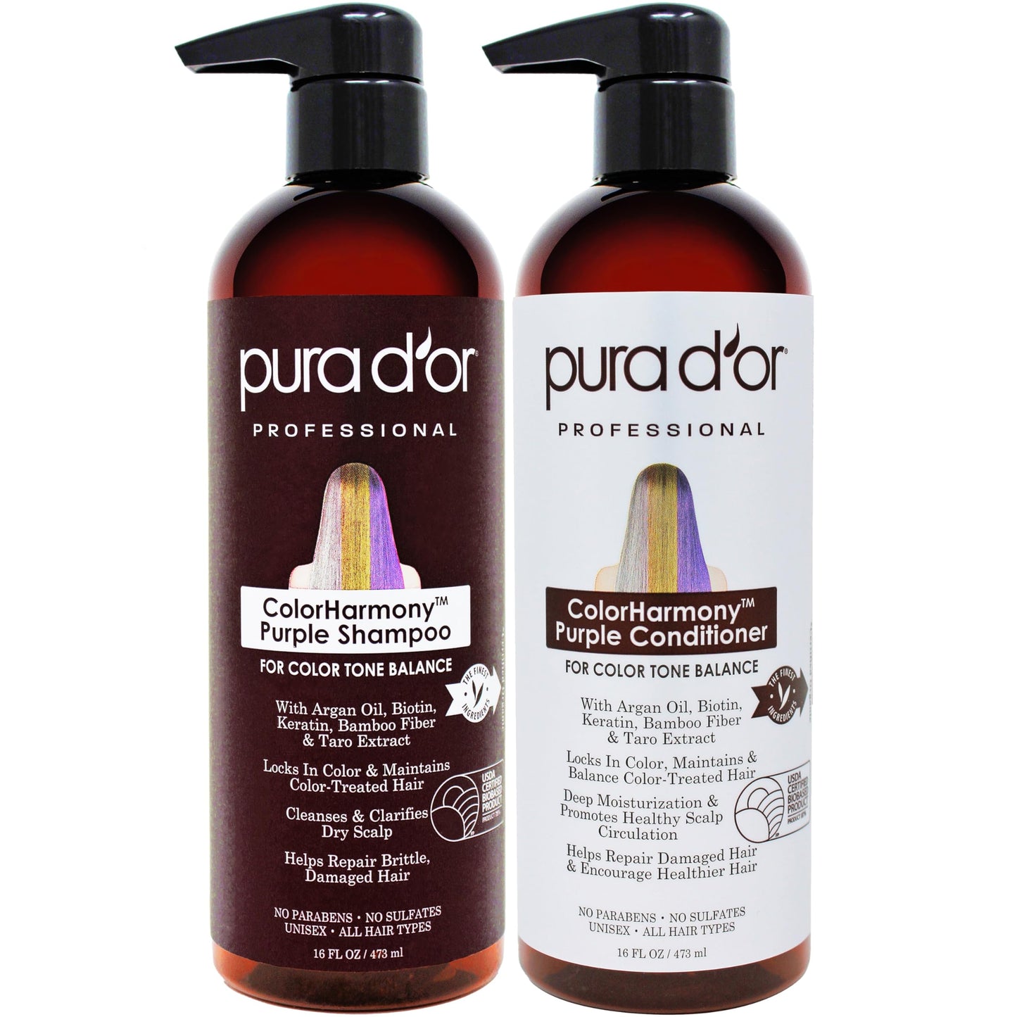 PURA D'OR Purple Shampoo & Conditioner (16oz x 2) ColorHarmony Biotin Set For Bleached, Blonde, Silver & Color Treated Hair - Keratin, Bamboo Fiber