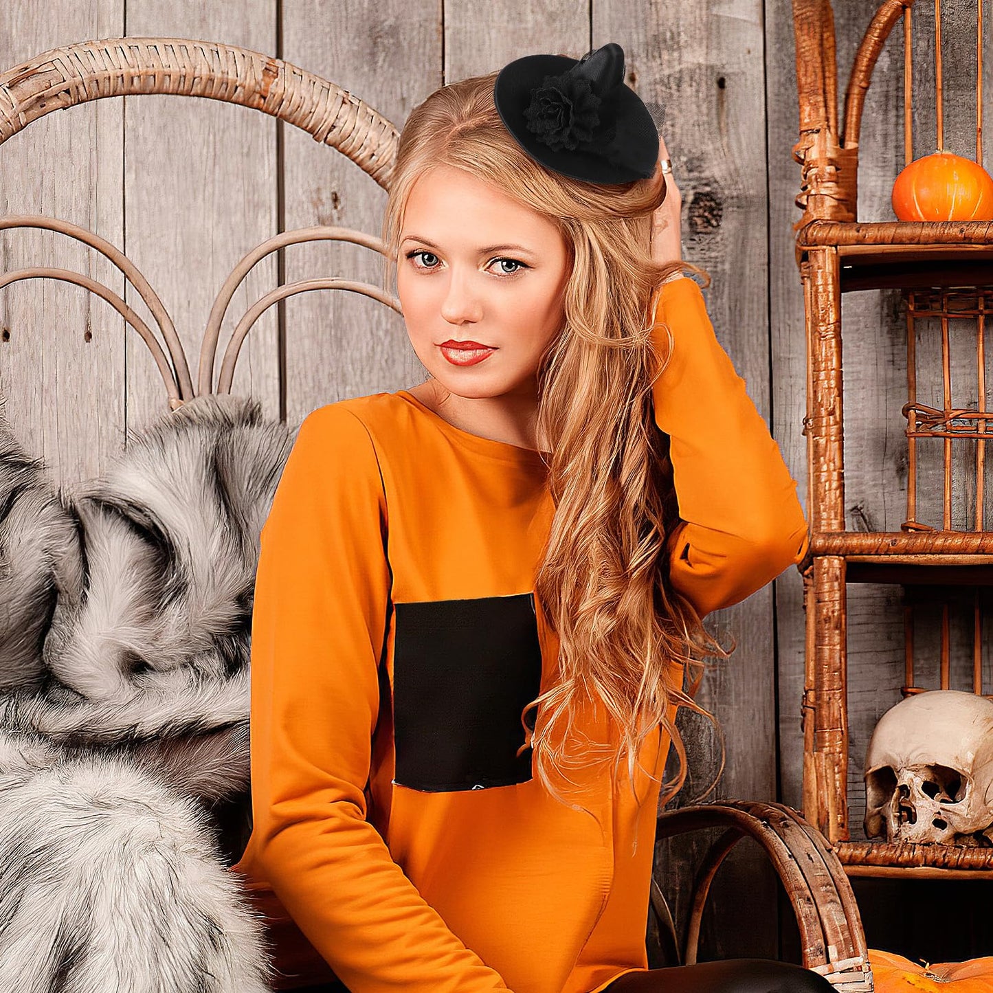 Small Witch Hat Retro Black Witch Flower Hair Clip Decorative Halloween Hair Accessories for Party (Black Flower)