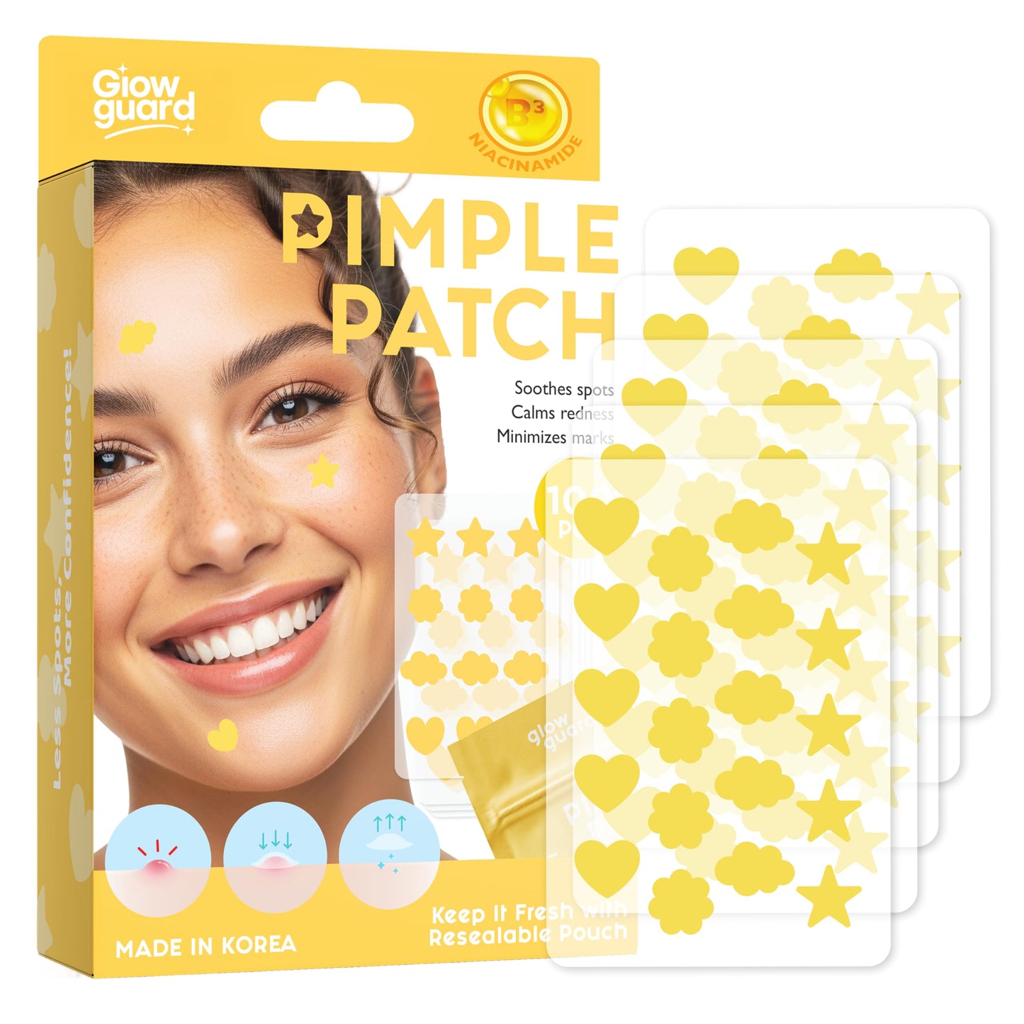 Glow Guard Pimple Patches with Hydrocolloid & Niacinamide - Dermatologist Tested, Anti Aging, Korean Skin Care - Yellow Shields Spots, Absorbs Oil