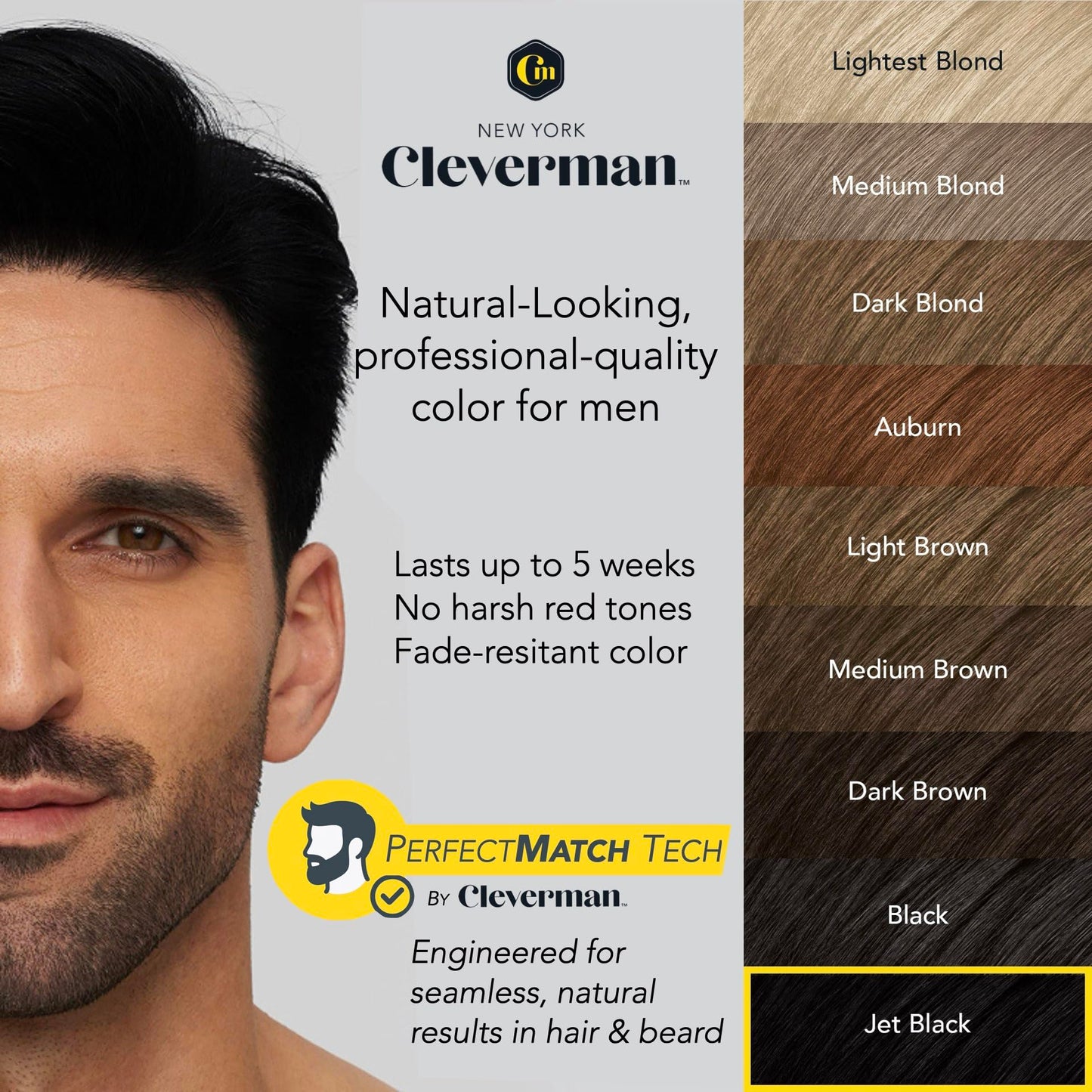 Reusable Hair & Beard Dye for Men - Jet Black 1.7 | Up to 5 Uses, 7 Minutes | Natural Gray Coverage, No-Drip Cream with SkinArmour® - Cleverman