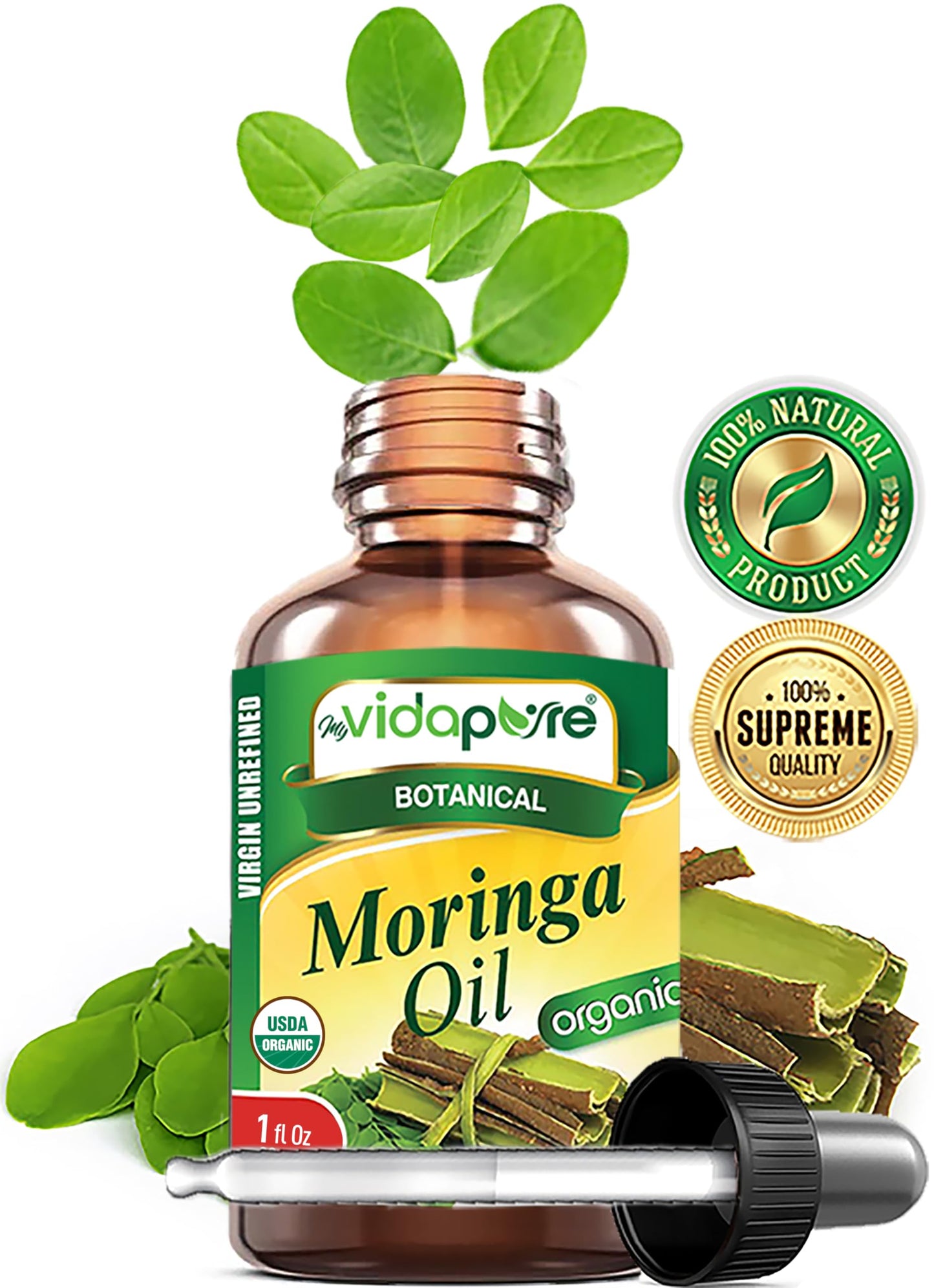 MYVIDAPURE Organic MORINGA OIL Moringa Oleifera Certified Organic 100% Natural Pure Virgin Unrefined for Face, Skin, Body, Hair, Lip, Nails