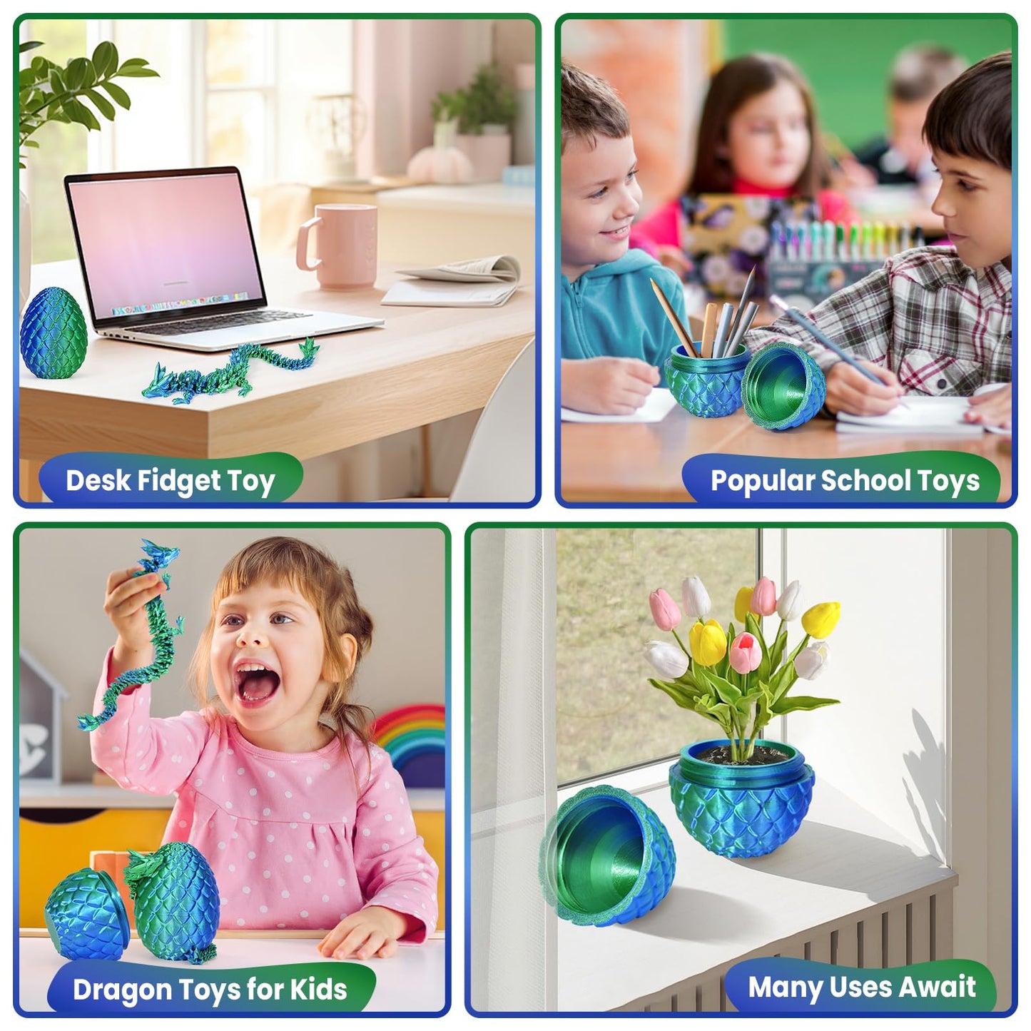 TBOLINE 12" 3D Printed Dragon Egg – Articulated Crystal Dragon Toy, Fidget Dinosaur Egg Gift for Kids & Teens Ages 4-12 (Laser Green)