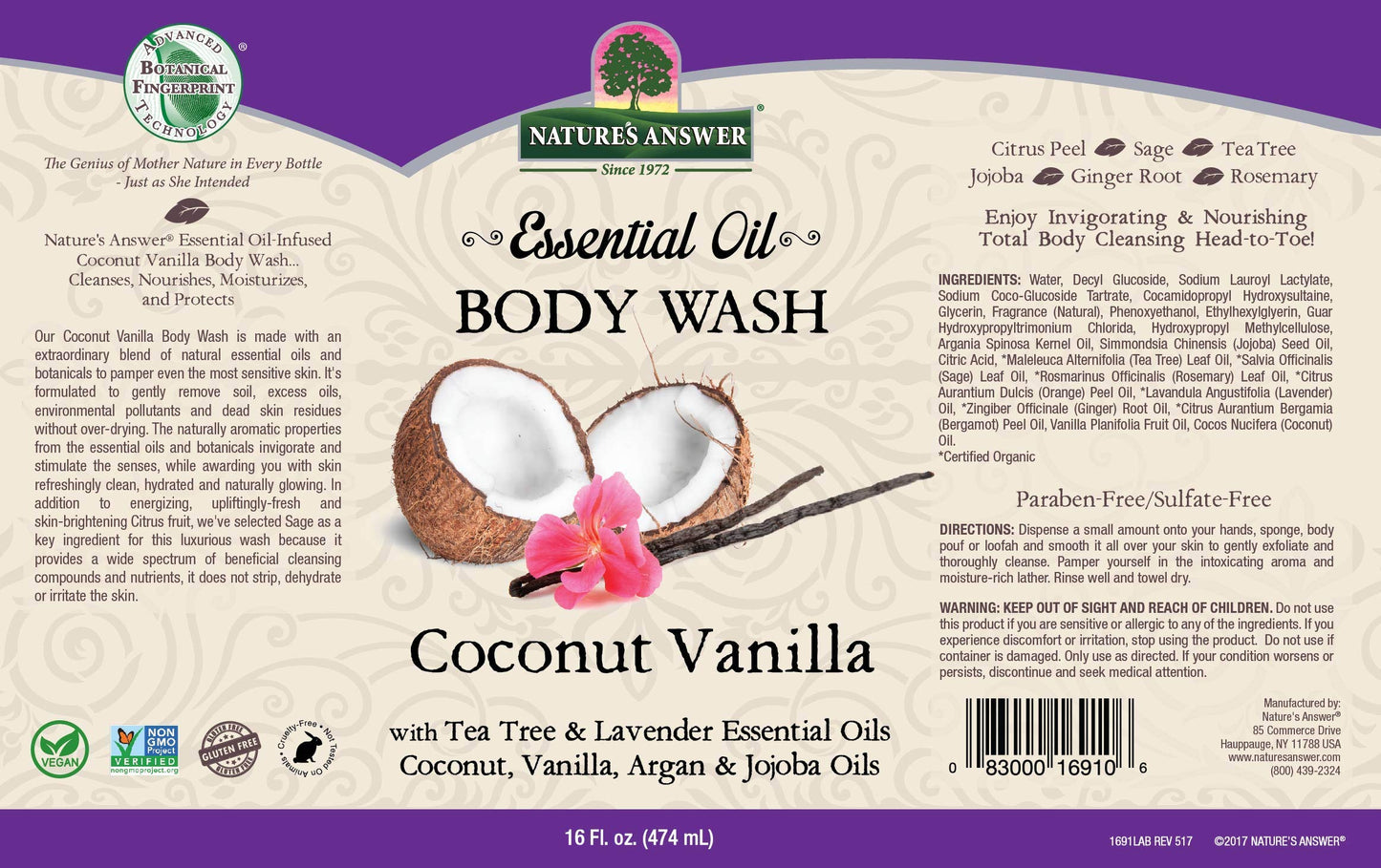 Nature's Answer Body Wash With Pure Essential Oil, Coconut Vanilla, 16 Oz