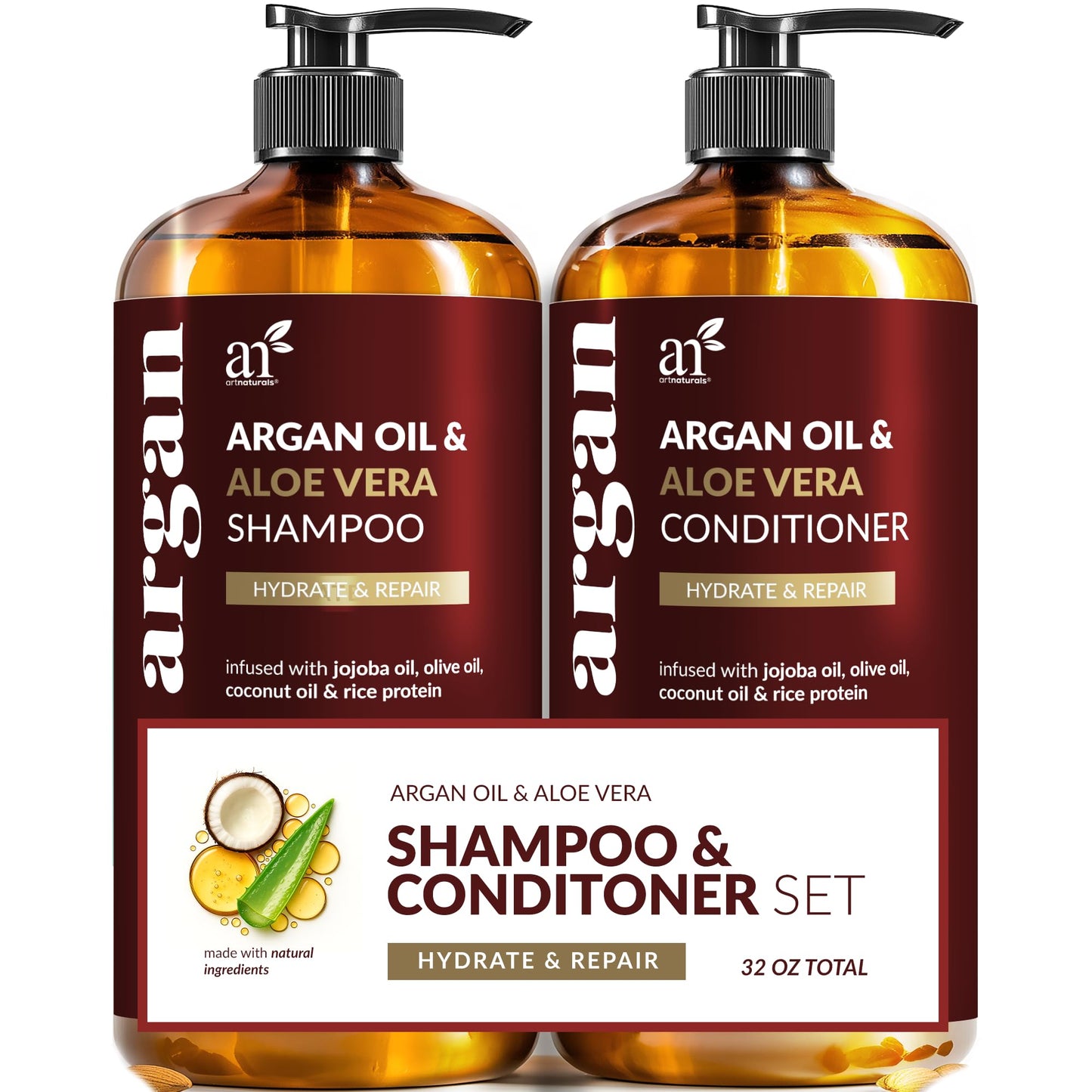 Argan Oil Shampoo and Conditioner Set - Sulfate-Free Formula with Nourishing Moroccan Oil and Keratin -for All Hair, Curly or Straight - Hydrate