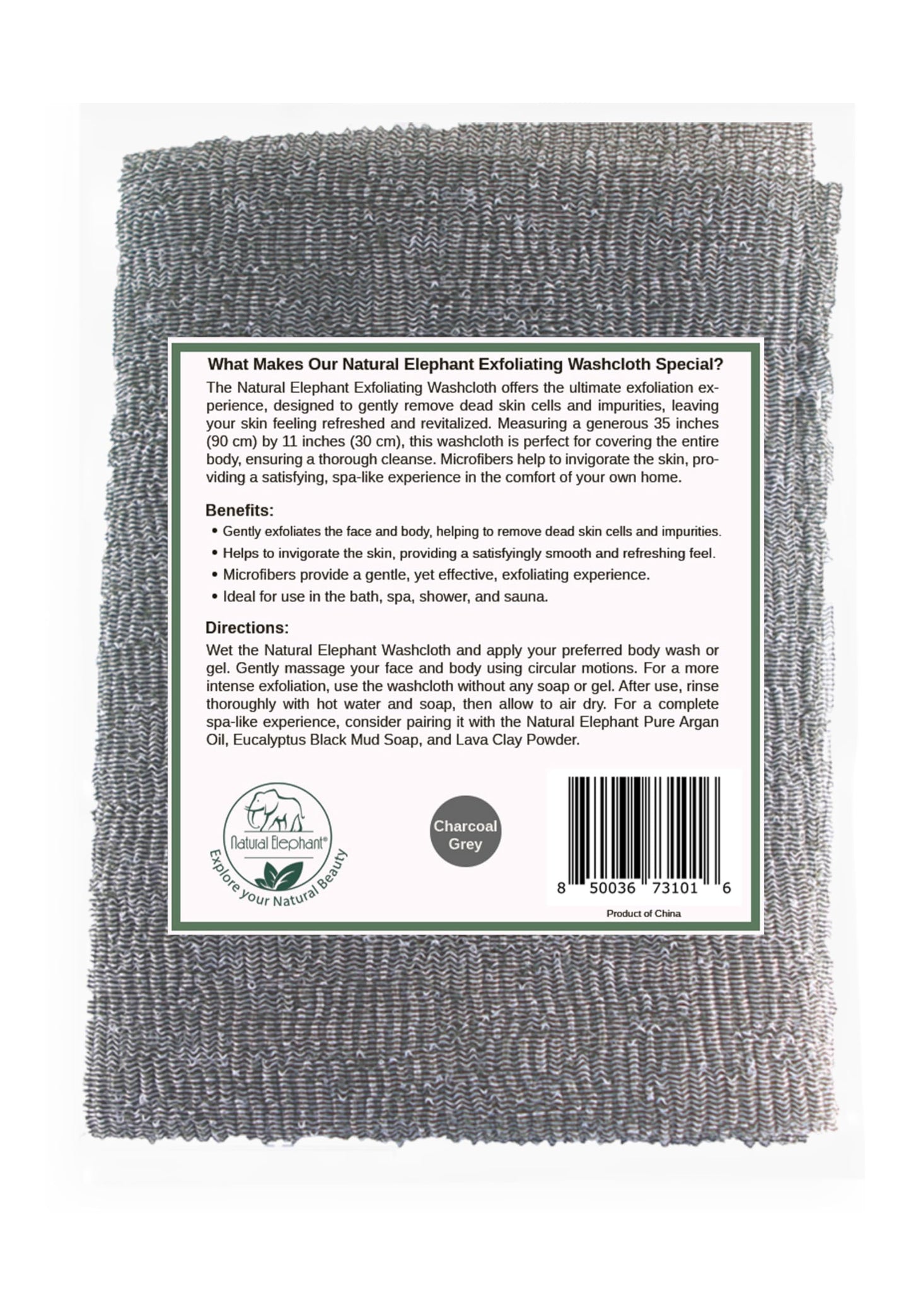 Natural Elephant Exfoliating Washcloth - Charcoal Grey Japanese Shower Scrubber for Body - Single Washcloth for Gentle Skin Exfoliation