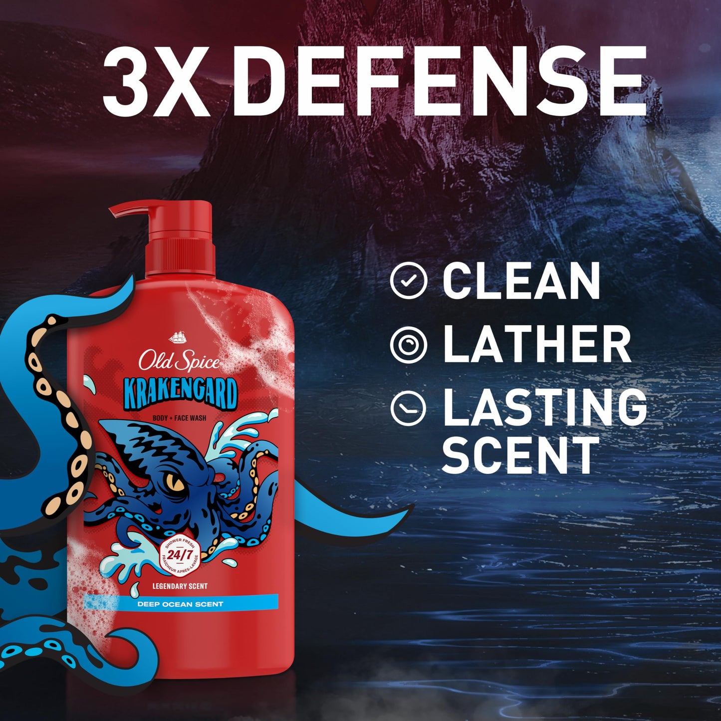 Old Spice Cleansing Body Wash for Men, 3X Defense, 24/7 Shower Fresh with Lasting Scent, 2-in-1 Body & Face Wash, Krakengard with Deep Ocean Scent