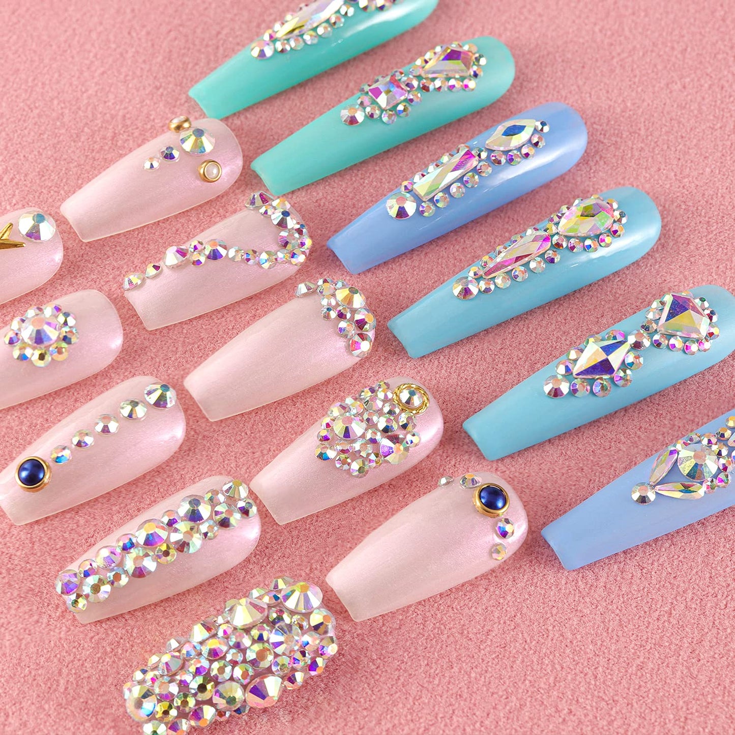 Multi Shapes 3D Glass AB Crystal Nail Art Rhinestones Kit with Flatback Round Bead Charm Gem Stone Jewelry Diamond with Pickup Pen + Tweezer