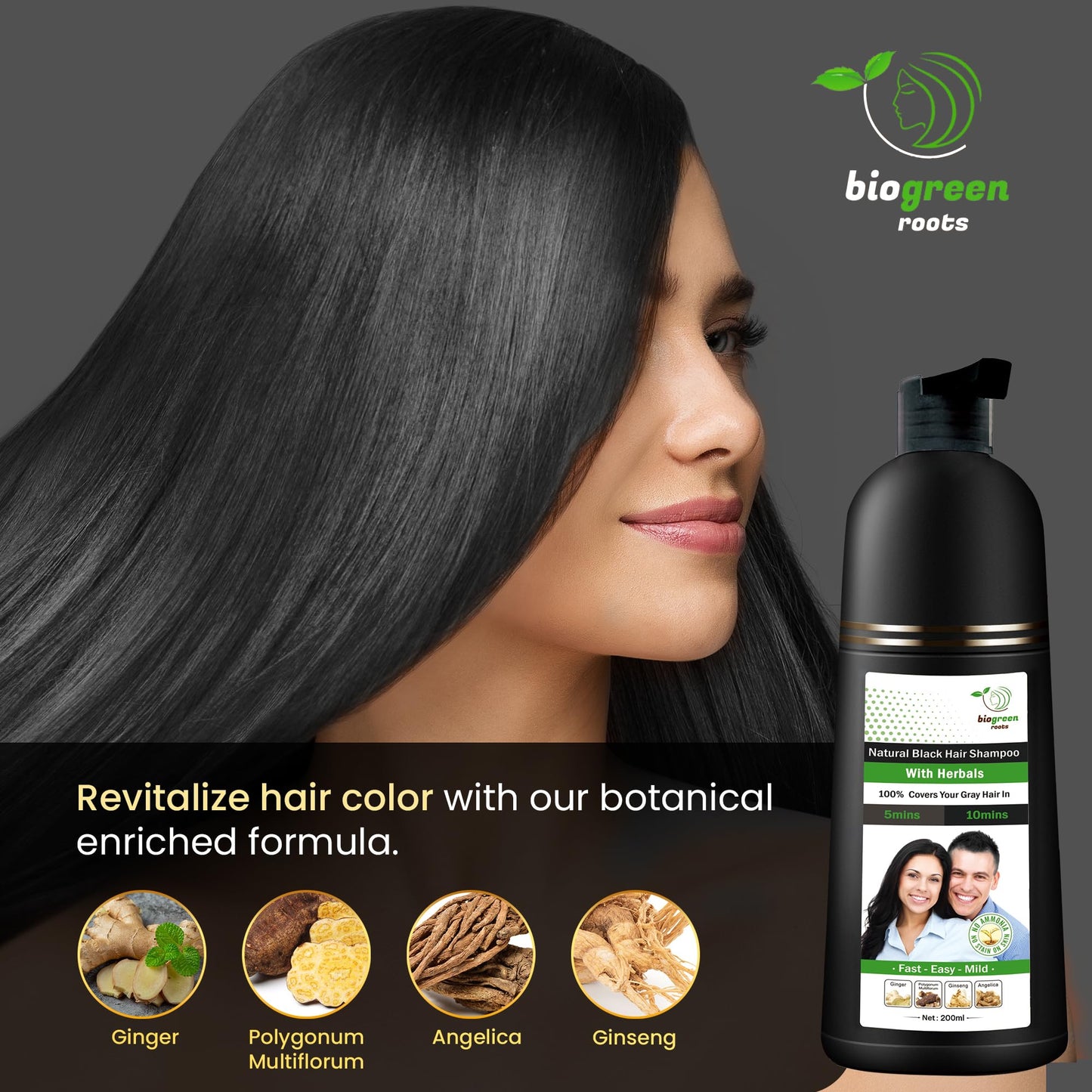 BIOGREEN ROOTS Ammonia-Free & Paraben Free Herbal Hair Shampoo - Hair Dye Shampoo for Women & Men - Natural Color & Nourishment