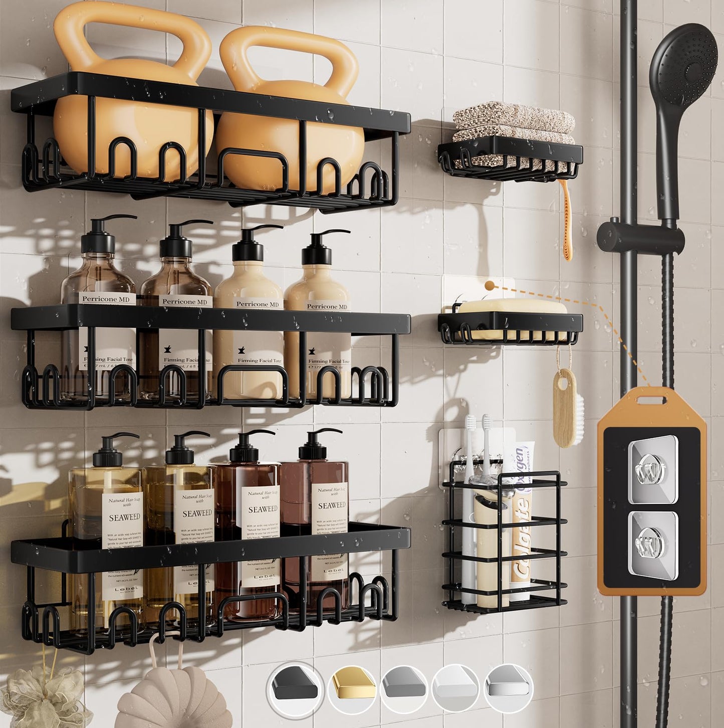 Veken 6-Pack Shower Caddy Set – Rustproof Adhesive Wall Shelves with Soap Holder, No Drilling, Large Capacity Bathroom Organizer