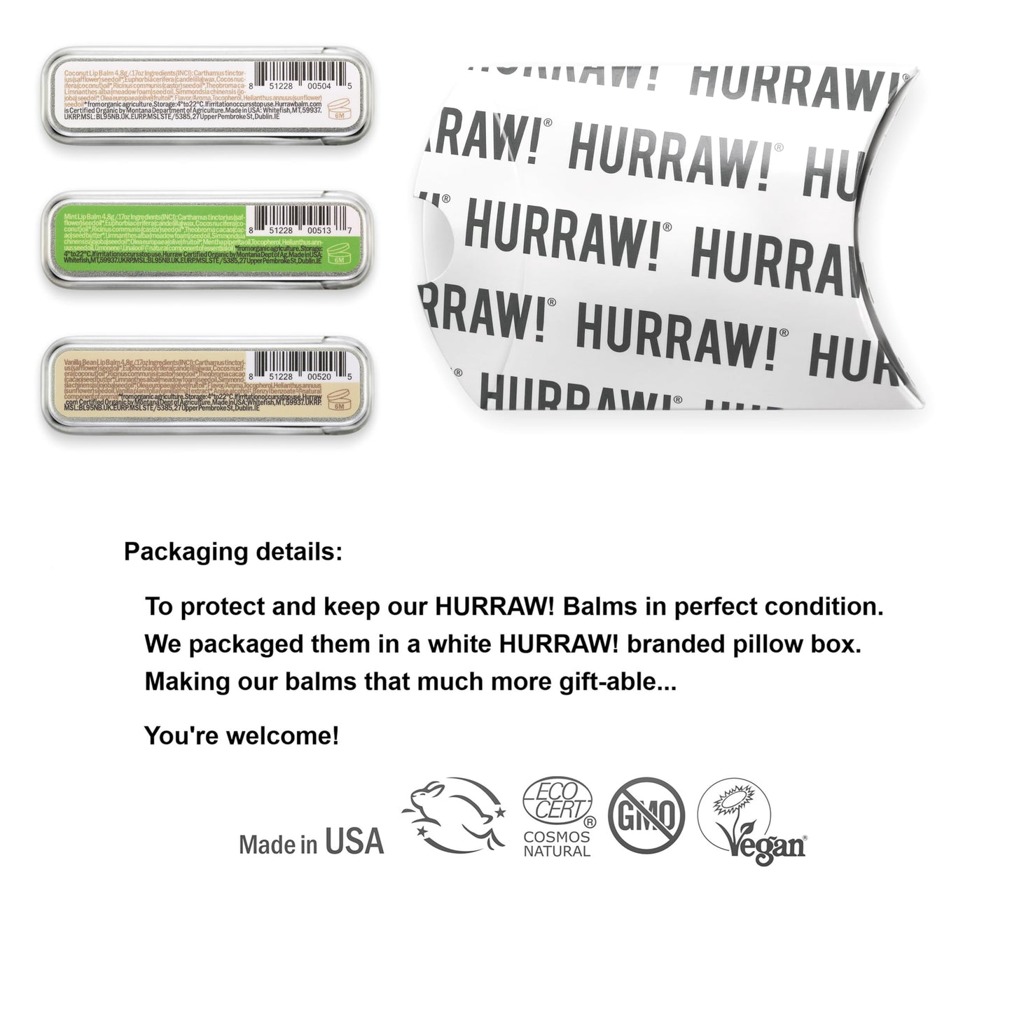 Hurraw! Coconut, Mint, Vanilla Lip Balm Slim Slider Tins, 3 Pack Bundle: Organic, Certified Vegan, Cruelty and Gluten Free. Non-GMO, All Natural